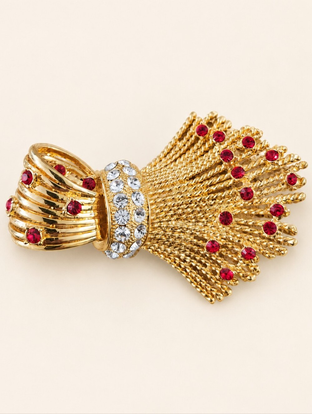 Gold Tassel Stick Pin Brooch with Red Rhinestones
